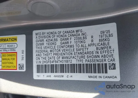 2026 Honda Civic Hybrid Sport/Sport Touring from USA, damaged, VIN 2HGFE4F84TH316812